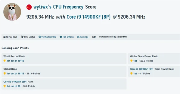 Nuevo récord mundial de overclock: CPU Intel i9-14900KF supera los 9,2 GHz